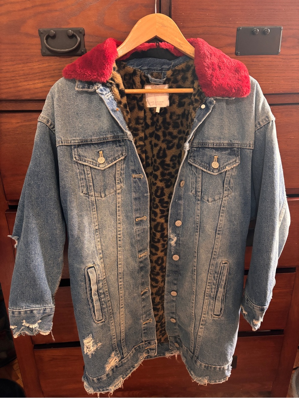 Zara Long Oversized Denim Jacket with Leopard Lining Faux Fur Red Collar Sz Med